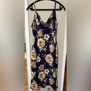 Bebe Navy and Cream Floral Satin Midi Dress